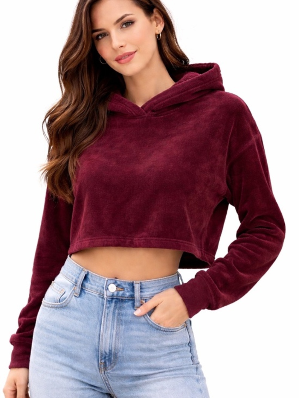 SWS Hoodie Womens Size Medium Burgundy Fleece Cropped Long Sleeve Fuzzy